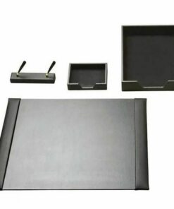 Executive Leather Desk Set - Letter Tray, Desk Pad, Double Pen Stand - Memo Pad Tray - Black - LEA651BL