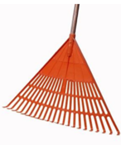 PLASTIC LEAF RAKE – 22 FINGER, VIRGIN PLASTIC, WITH SCREW-IN PLASTIC-COATED/WOODEN HANDLE.