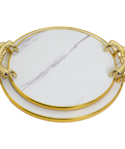 Serving Tray - Round Flat Marble Look 2pc Set