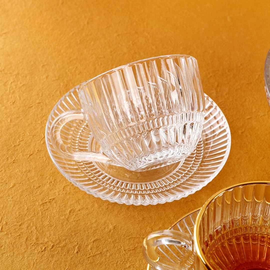 Ribbed Clear Glass Tea Cup & Saucer - 6 Piece - Image 2